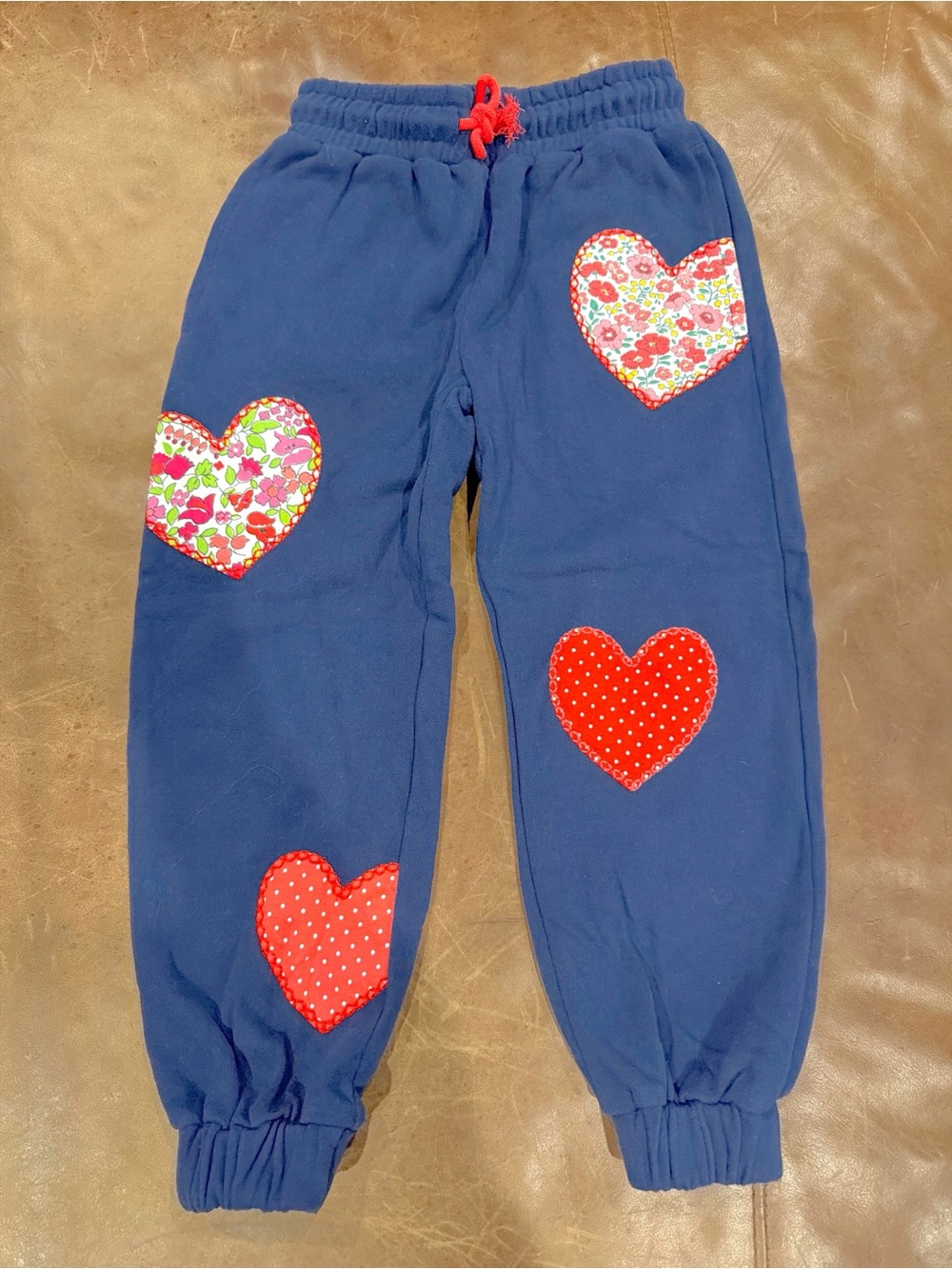 Mini Boden Navy Sweatpants with Red Floral Heart Appliqués